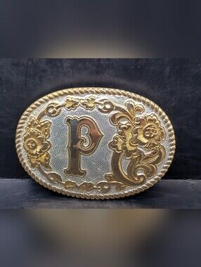 Vintage Crumrine Made In USA “P” Heavy Silver/Gold Plated Belt Buckle Bronze